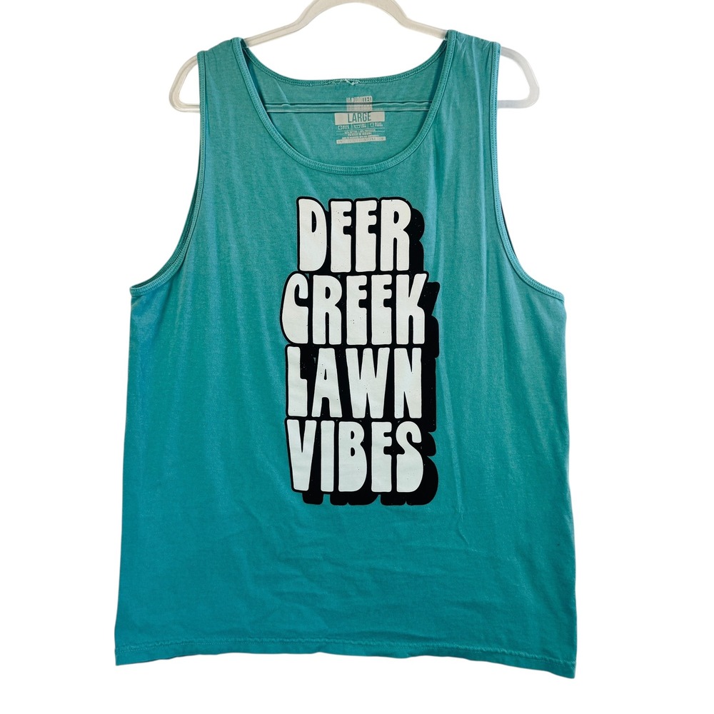 Deer Creek Lawn Vibes Graphic Tank Top Teal‎ Music Festival Indiana Retro USA L